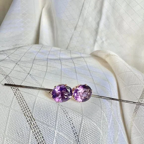 14K Yellow Gold Purple Amethyst Earrings, February Birthstone Earrings